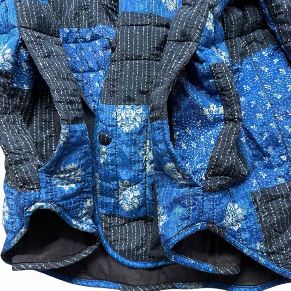 ZARA Vented Quilted Patchwork Jacket Womens L Blue Floral Waist Tie Boho Indie - Picture 8 of 13